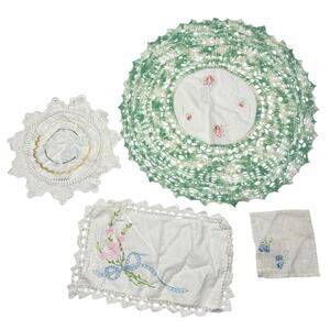 Lot of 4 Vintage Doilies Cream Green Flower Crochet Cotton